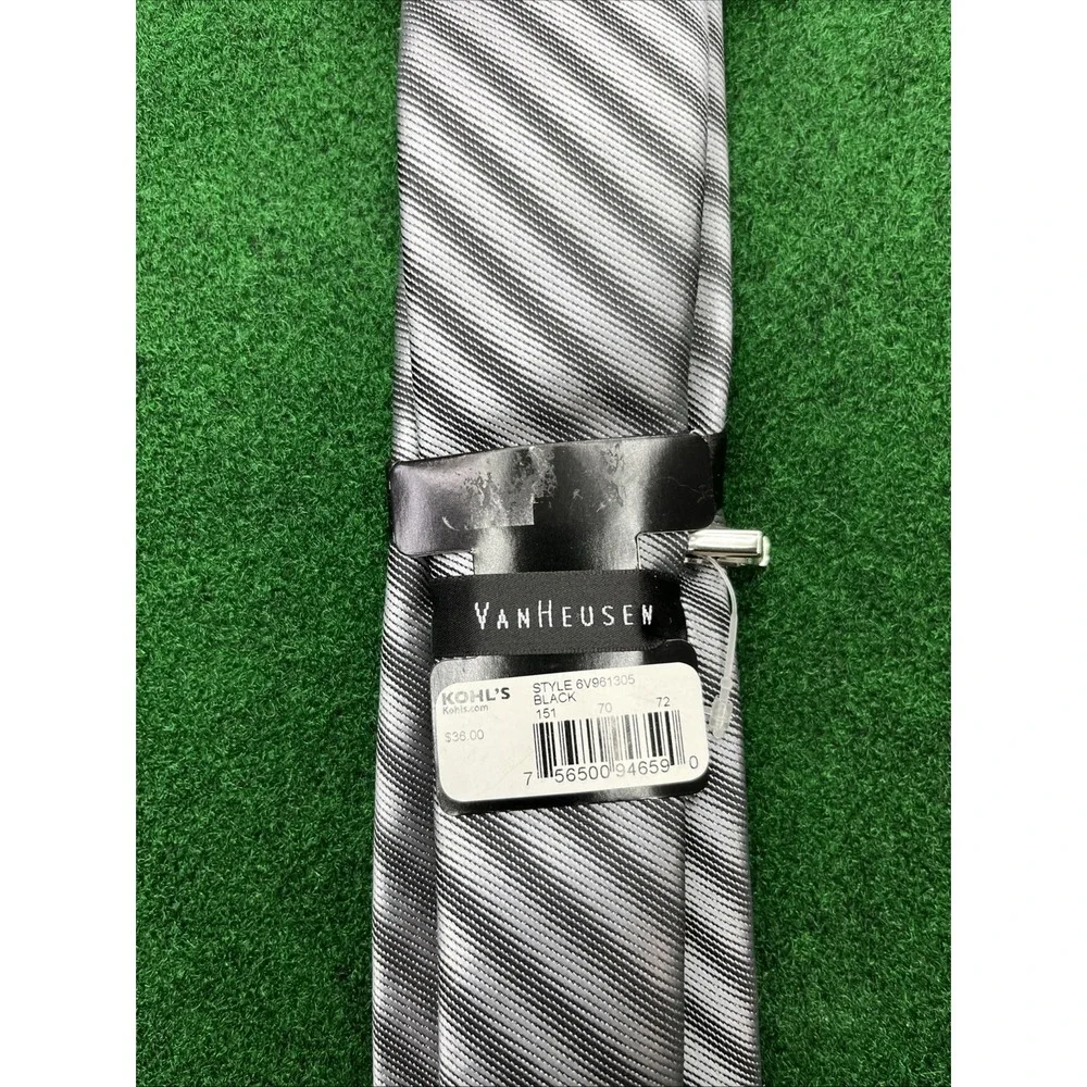 Van Heusen Silver Black Stripe Tie With Clip NWT